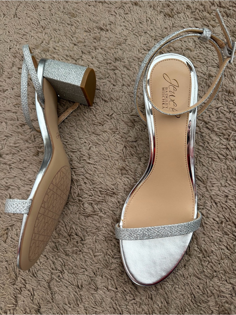 Jewel Badgley Mischka Silver Glitter Ankle-Strap Block Heels